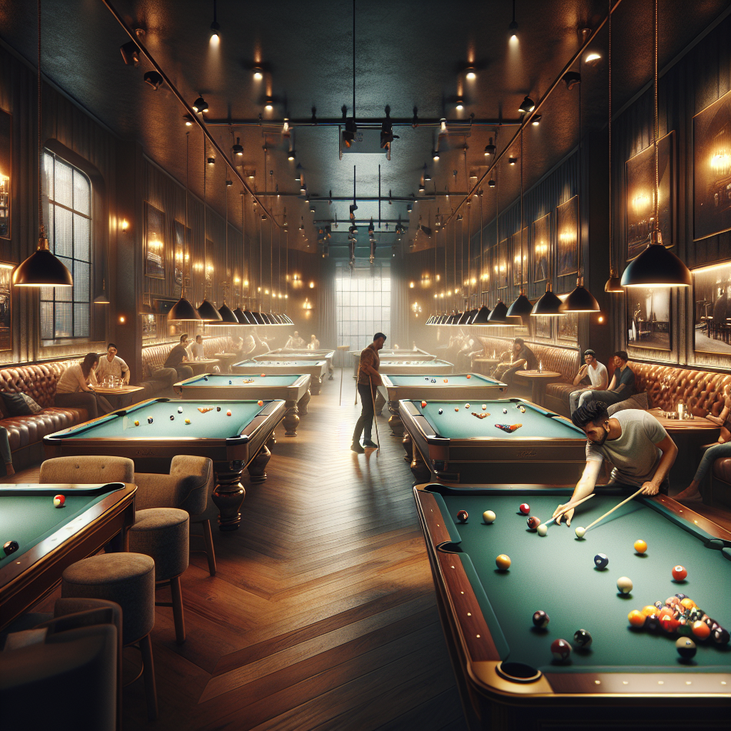 Upscale pool hall with professional atmosphere for event hosting