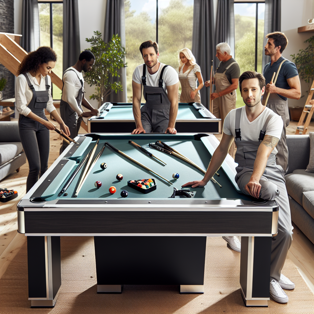 Team assembling tournament-quality pool table in home game room